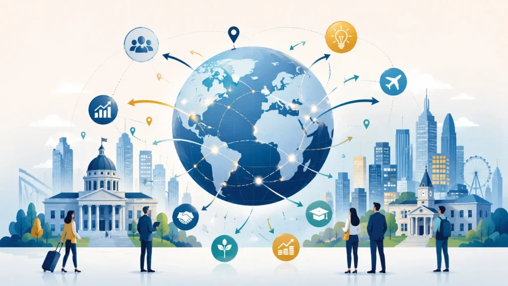 Ilustración de un globo conectado con ciudades, instituciones, universidades y flechas que representan la internacionalización de gobiernos locales.