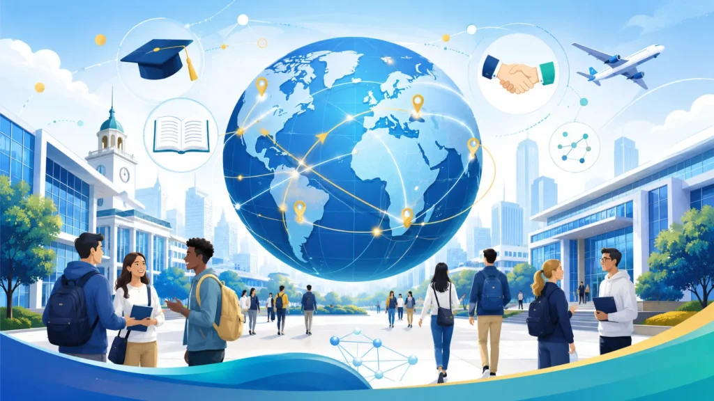 Ilustración de un campus universitario con estudiantes, un globo terráqueo y conexiones internacionales que representan la internacionalización universitaria.