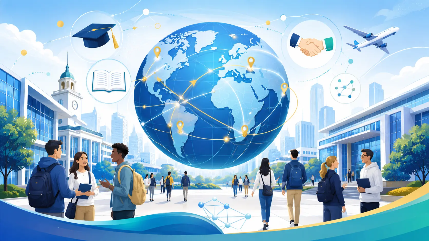 Ilustración de un campus universitario con estudiantes, un globo terráqueo y conexiones internacionales que representan la internacionalización universitaria.